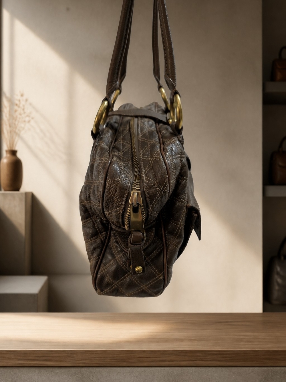Marc Jacobs Dark Brown Quilted Leather Satchel with Gold Hardware - Picture 3 of 5
